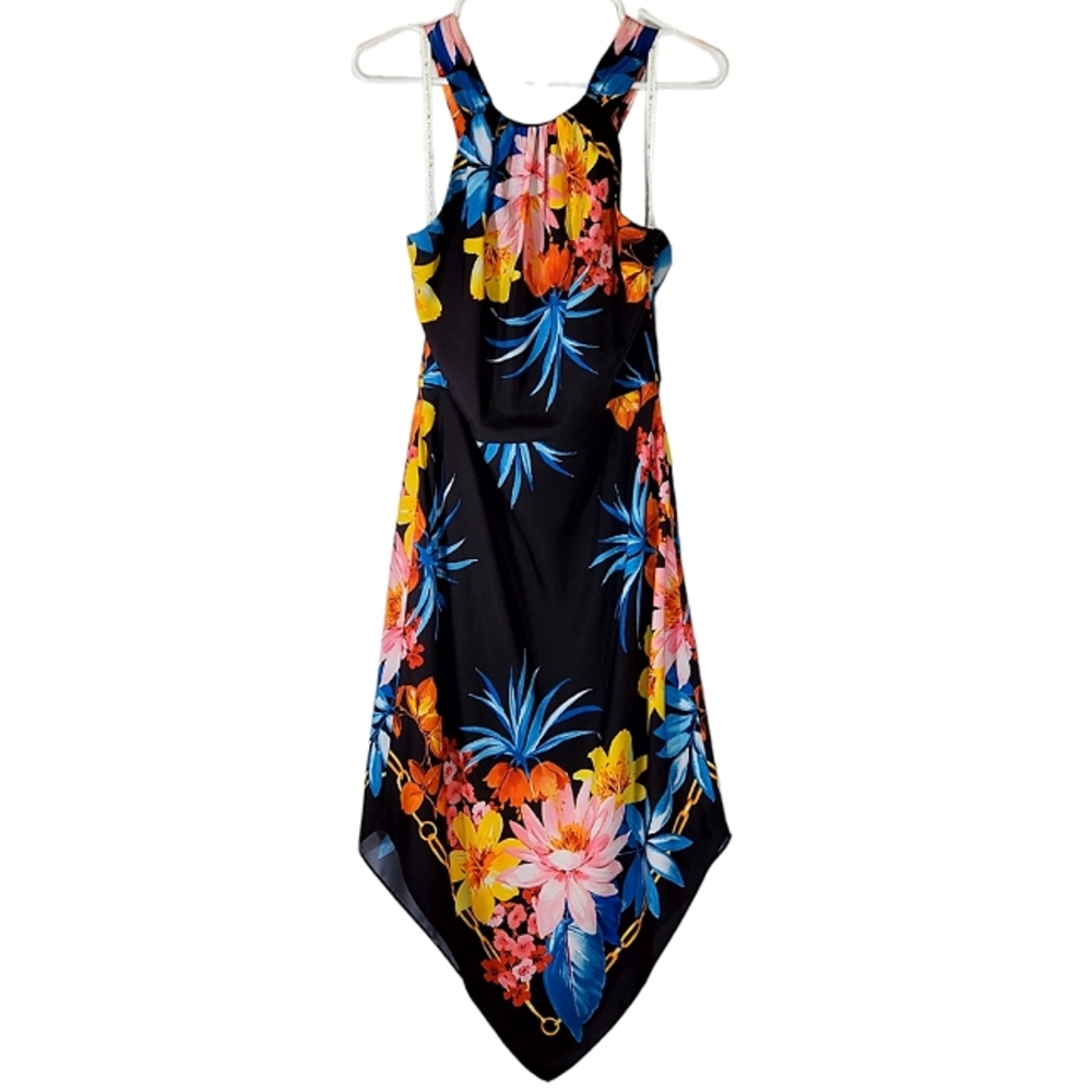 Boston Proper Black Floral Midi Dress with Gold Chain Print - Picture 2 of 10